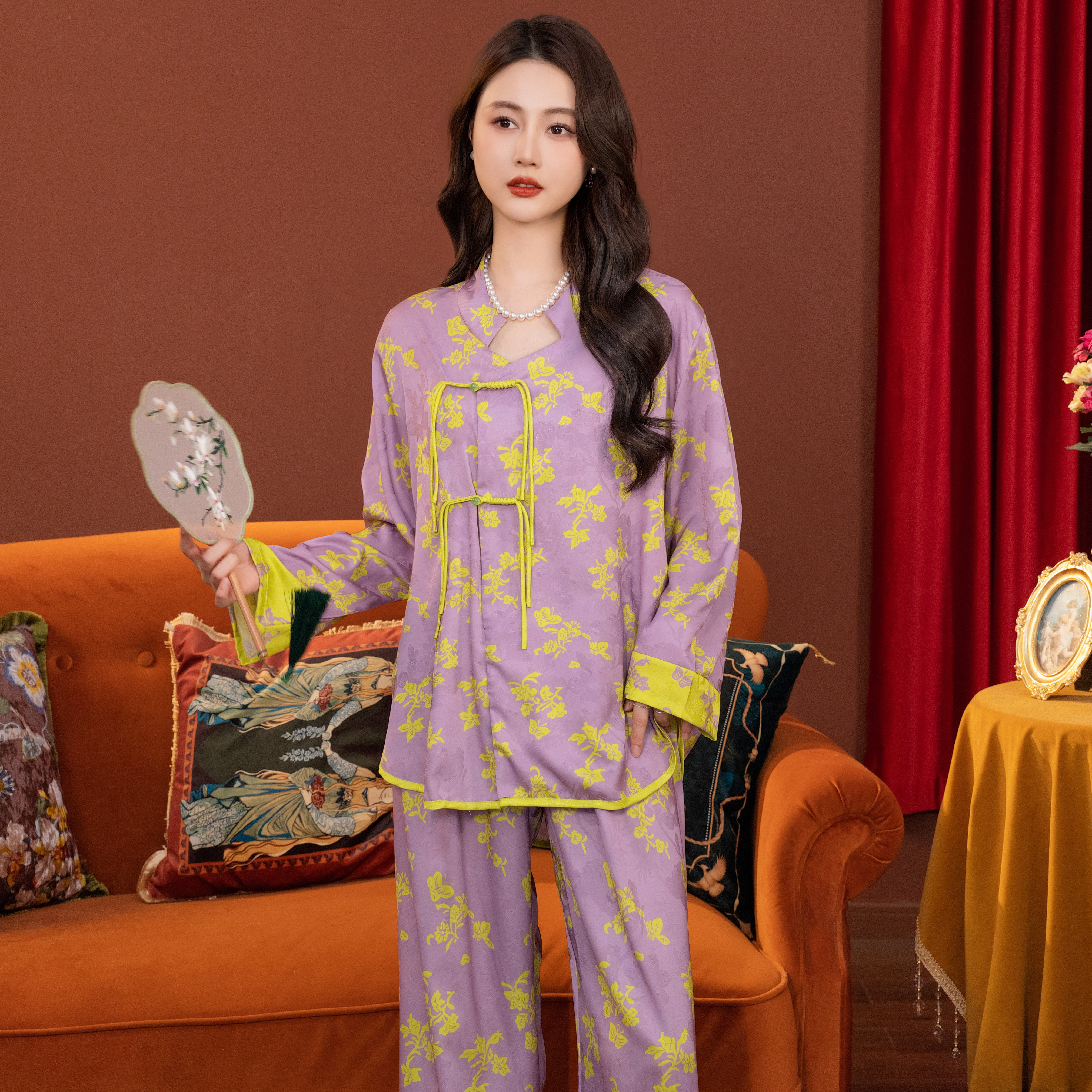 新款高级中式薄款冰丝女睡衣紫色轻奢复古风仿真丝家居服长袖套装