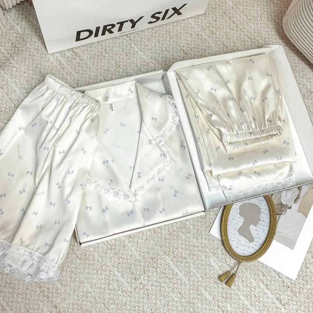 达芬奇小清新可爱短袖三件套蕾丝家居服小碎花冰雪丝睡衣套装女薄