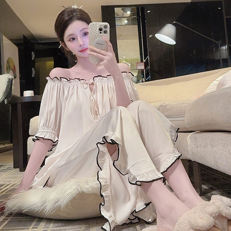 新款冰丝春夏女法式甜美公主风高级感睡衣套装一字肩可外穿家居服