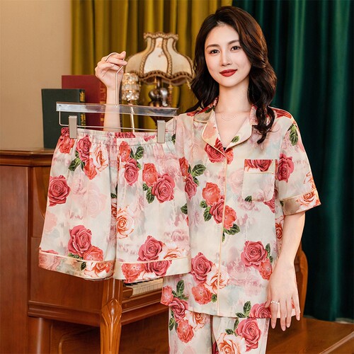 2026新品夏季薄款巴黎往事睡衣女短袖三件套高级感冰丝国风家居服