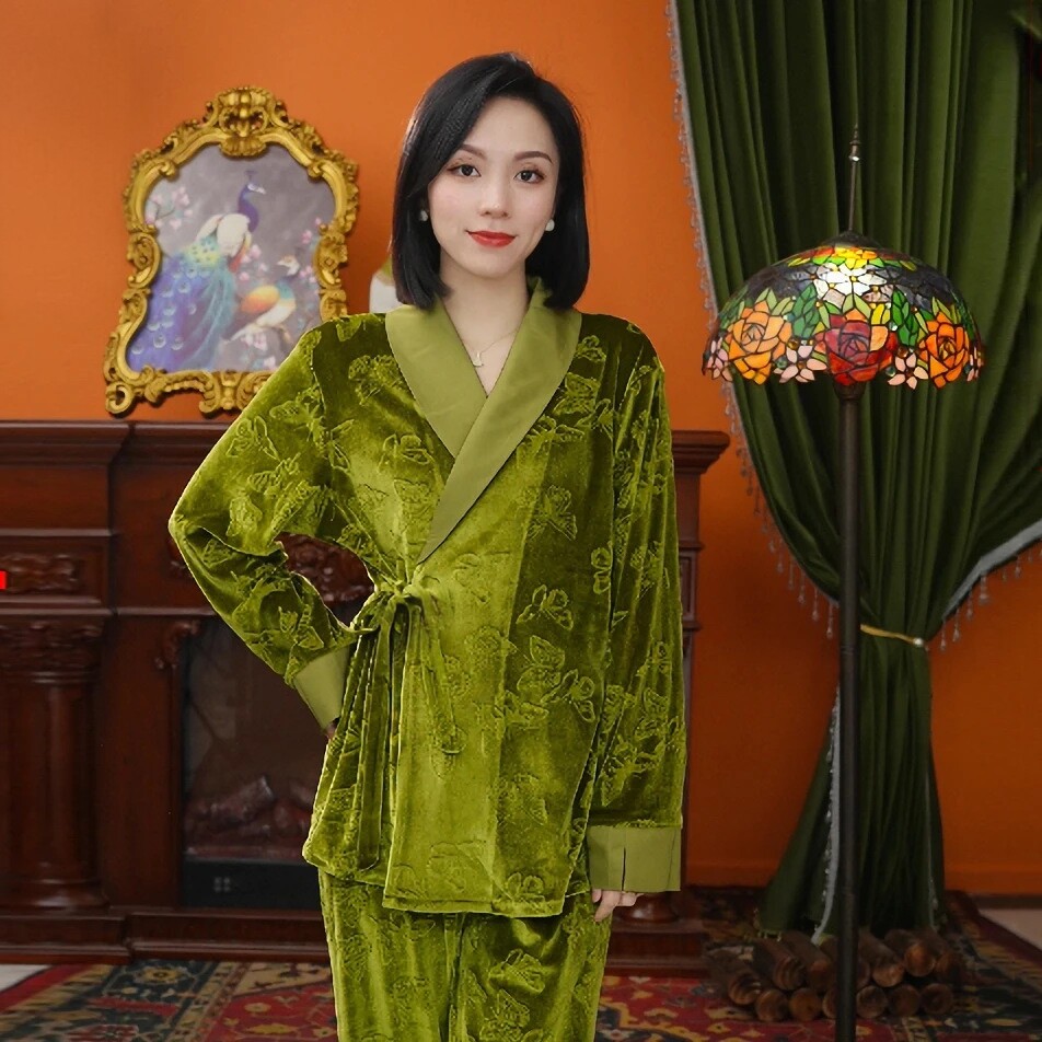 2025秋冬新款高端金钻绒睡衣女加厚加密日系带复古风金丝绒家居服