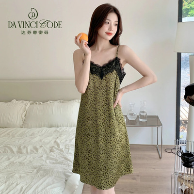 达芬奇密码法式家居服复古女性感蕾丝绿色吊带睡裙夏季丝质家居服