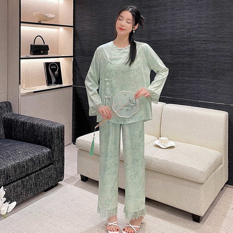 中国风斜襟盘扣长袖薄款套装家居服春夏季新款女士大码复古风睡衣