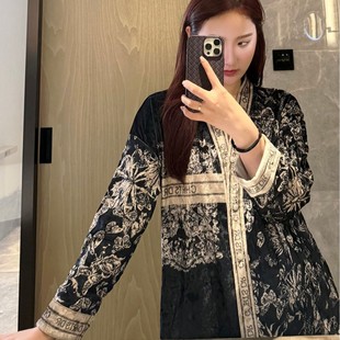 金丝绒V领黑金和服睡衣长袖 春秋网红女士宽松气质家居服 时尚 秋款