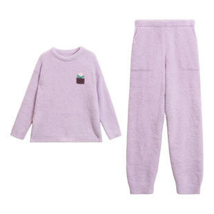 紫色小花半边绒睡衣女款冬季加厚加绒珊瑚绒套装家居服可外穿套头