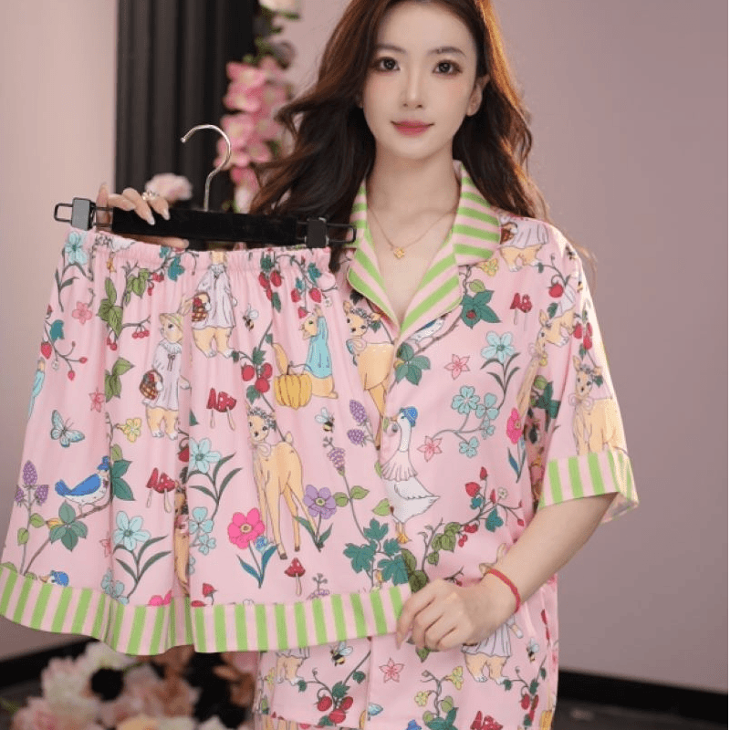 2026春秋新款森林兔夏季高级感睡衣女冰丝绸短袖长裤三件套家居服