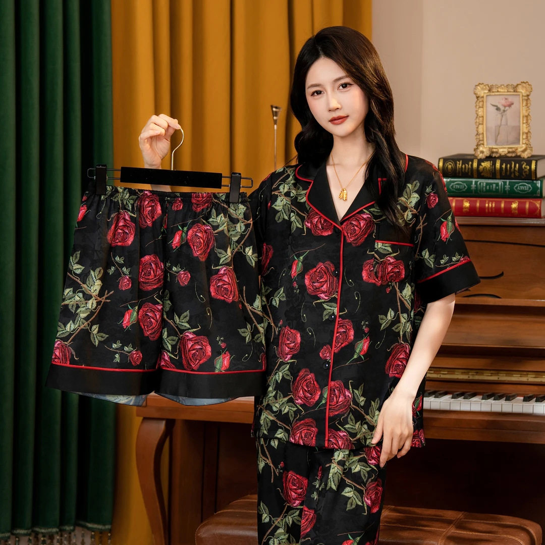 2026春夏高级感睡衣女短袖长裤三件套真冰丝绸家居服黑金玫瑰睡裙