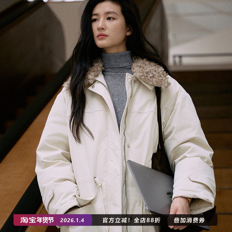 Jicouture 可拆卸毛领工装羽绒服外套女巴恩风中长款收腰抽绳上衣