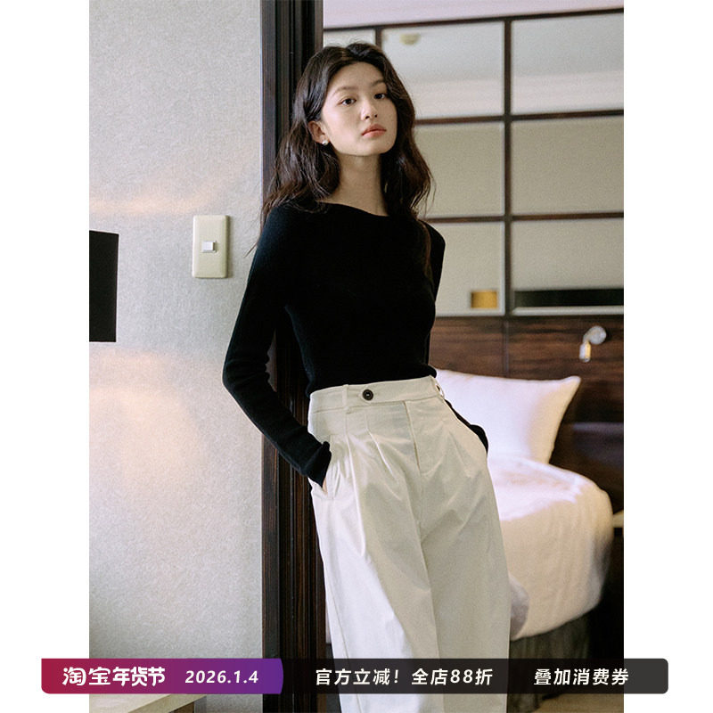 Jicouture一字领优雅长袖针织衫女秋黑色修身百搭毛衣打底羊毛衫