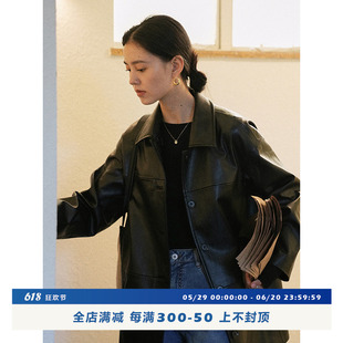 摩登时代 Jicouture 黑色拼接中款 皮衣女法式 复古气质夹克外套