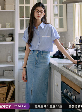 Jicouture“TomBoy”纯棉细条拼接短袖衬衫女夏季设计感休闲上衣