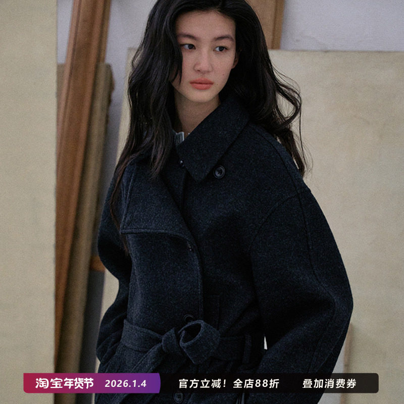 Jicouture浴袍式立领羊毛单面呢短大衣女秋冬高级感廓形系带外套,女装/女士精品,短外套,淘宝优惠券,粉丝福利购,淘宝优惠卷