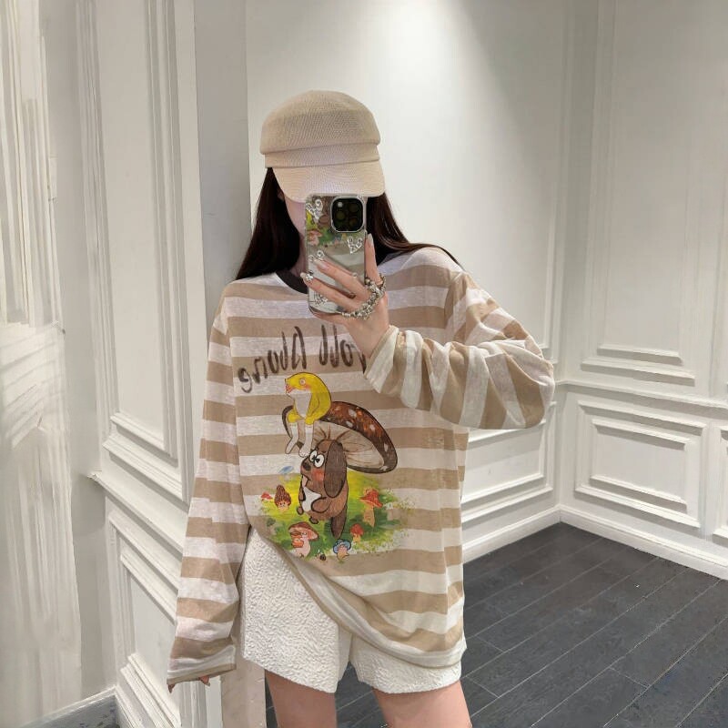 高级设计感条纹防晒罩衫女卡通长袖薄款旅游穿搭夏天巨好看的上衣