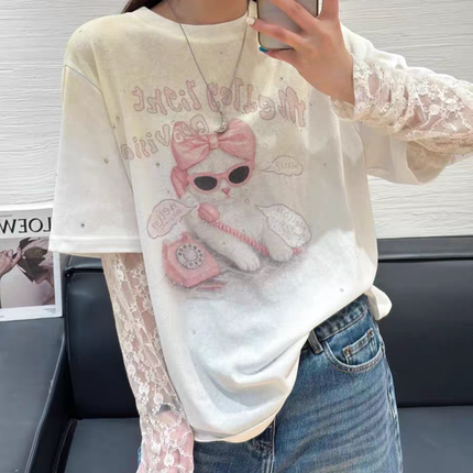 烫钻甜美小猫字母印花蕾丝假两件长袖T恤女夏季白色防晒罩衫上衣
