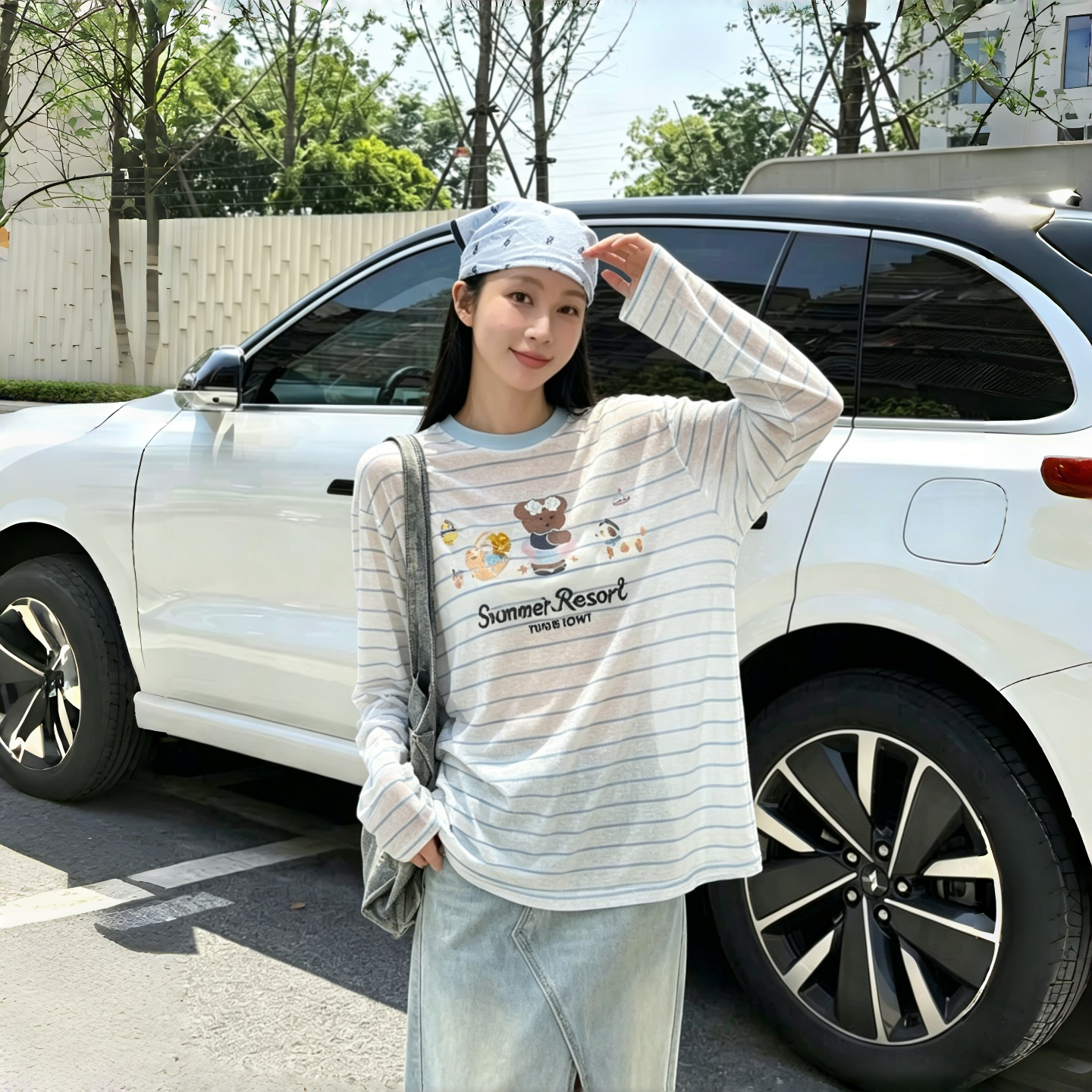 蓝色条纹长袖t恤女薄卡通字母空调衫宽松中长款韩系冰丝防晒罩衫