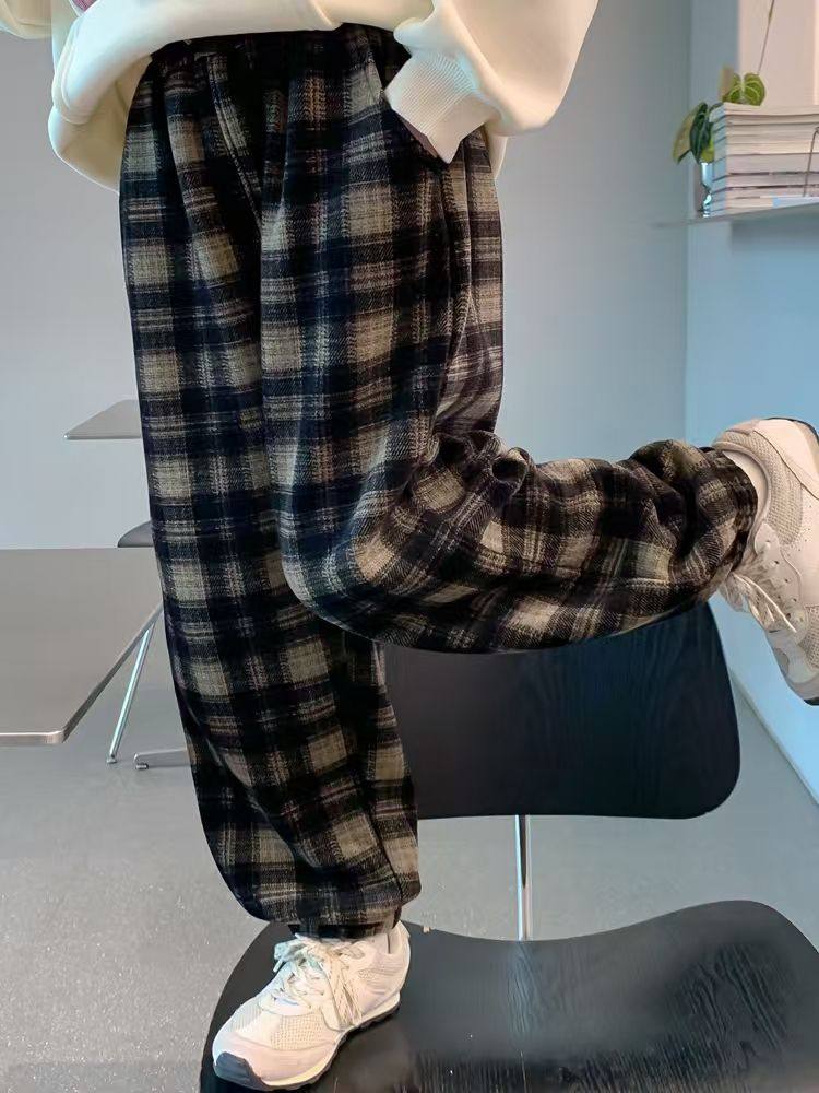 女童秋装裤子2025新款儿童洋气女孩秋冬加绒加厚格子休闲运动长裤