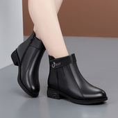 2025真皮单靴女平跟中年真皮全羊毛棉皮鞋 粗跟加绒大码 短靴妈妈