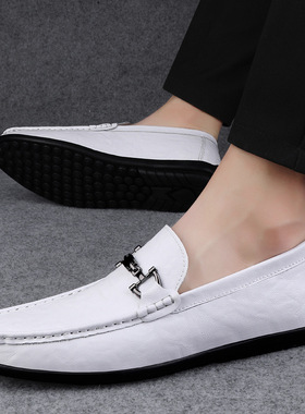 春夏男士懒人真皮一脚蹬鞋代发 men shoe 休闲皮鞋男款白色豆豆鞋