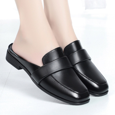 包头半拖鞋女夏外穿真皮平底低跟粗跟凉拖鞋2025新款半托单鞋皮拖