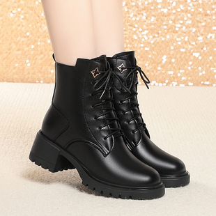 冬季全牛皮马丁靴女短靴新款真皮中跟加绒羊毛棉鞋粗跟英伦风皮靴