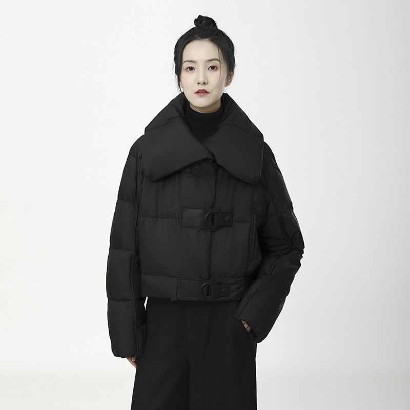 原创设计高端白鹅绒真皮拼接短款羽绒服女冬季新款加厚茧型面包服