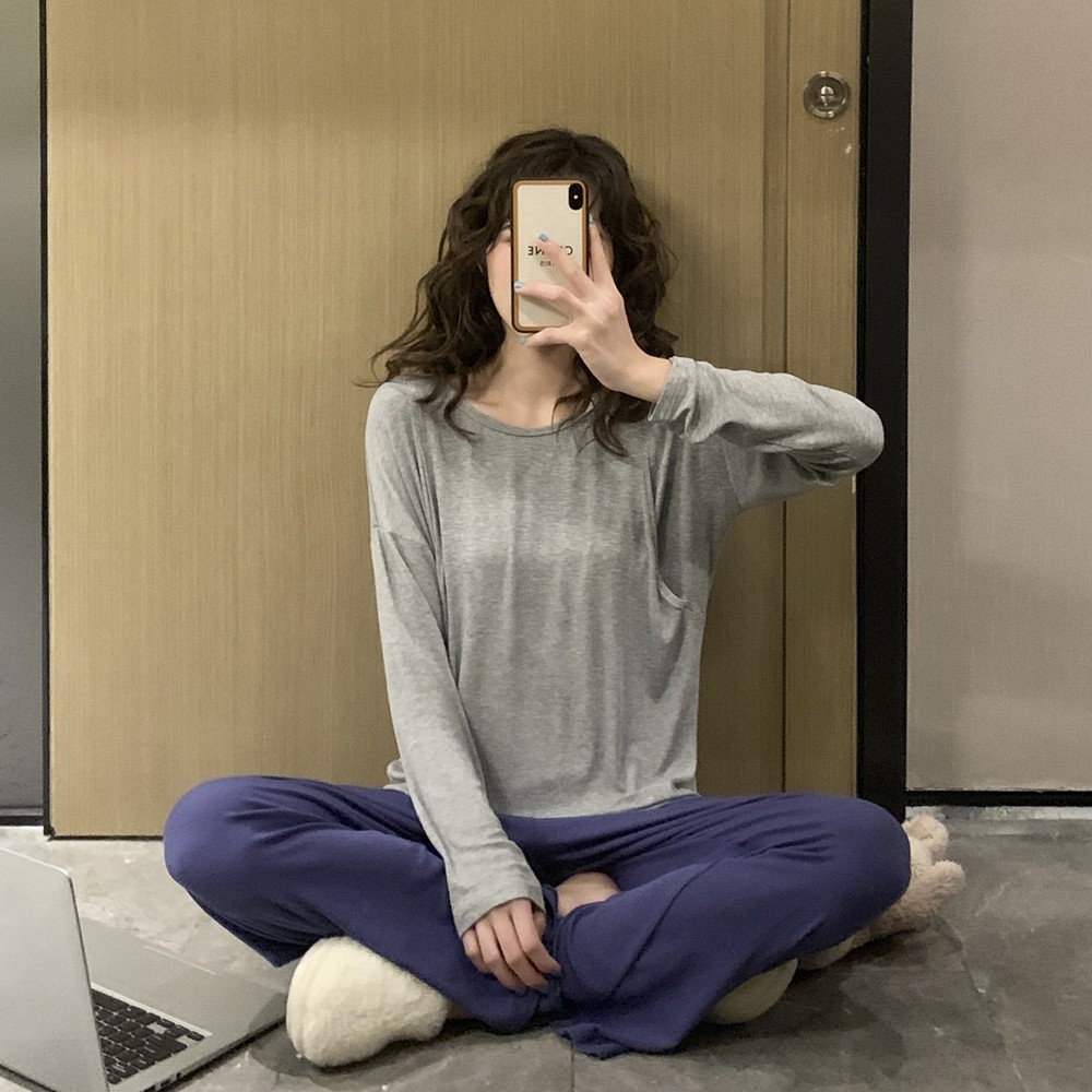 莫代尔孕妇睡衣春夏薄款撞色长衣长裤孕产后哺乳月子服潮妈家居服