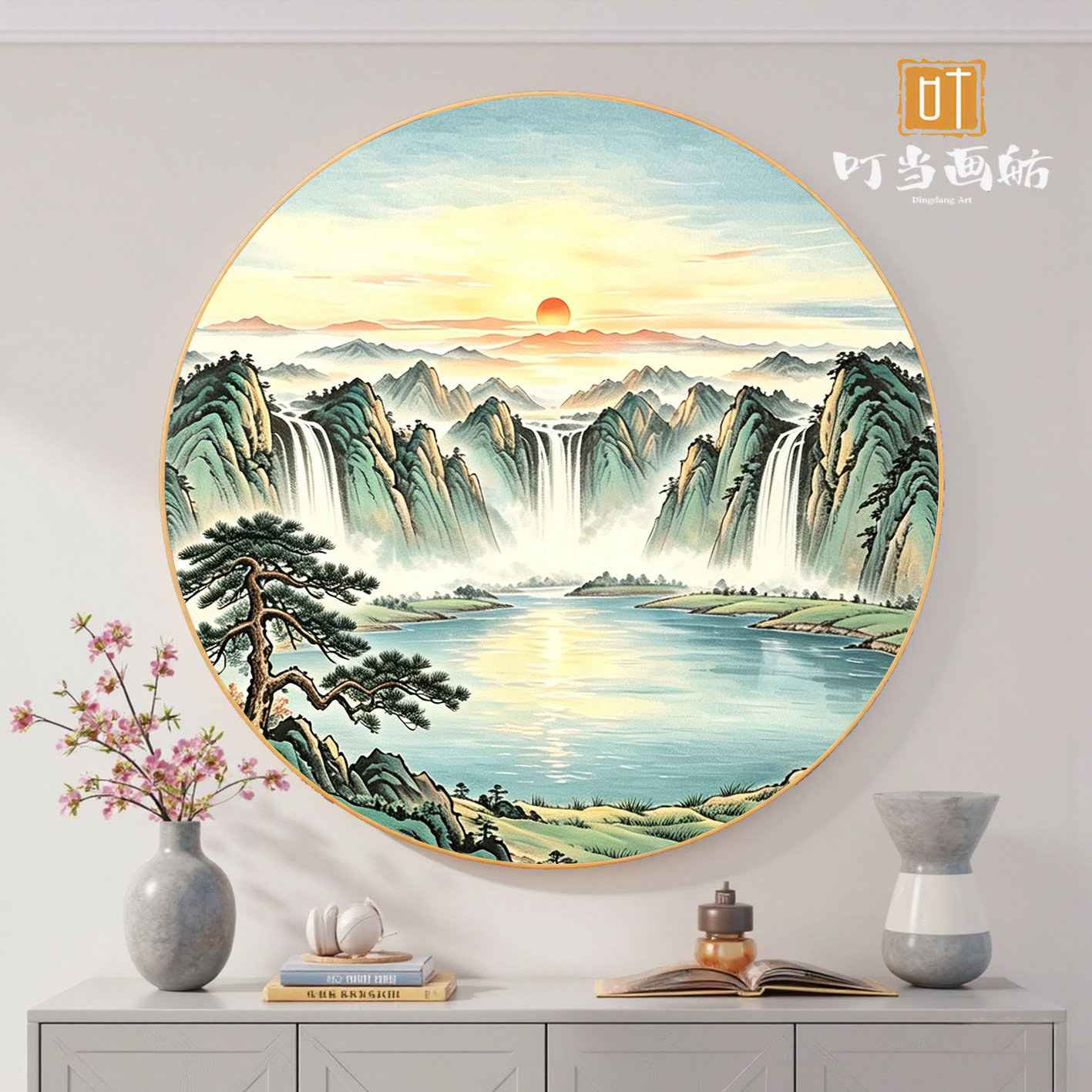 新中式圆形装饰画铝合金圆框山水国画聚宝盆荷花瀑布玄关茶室挂画