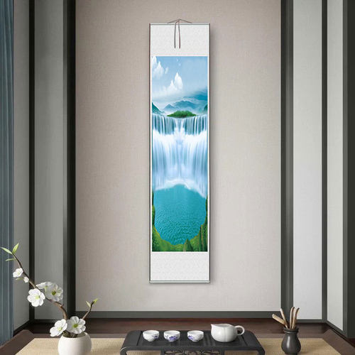 长轴流水瀑布山水画实木卷轴挂画沙发背景墙书房玄关中式风水挂画