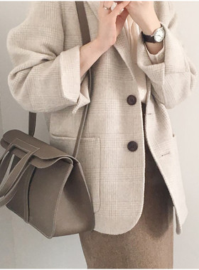 HANDMADE秋冬款韩国ins风双面手缝羊绒羊毛大衣格子短款西服外套