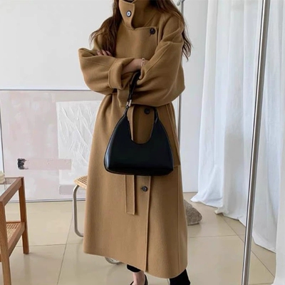 DRAN-602222韩版秋冬立领斜襟气质赫本风气场王手缝长款羊毛大衣