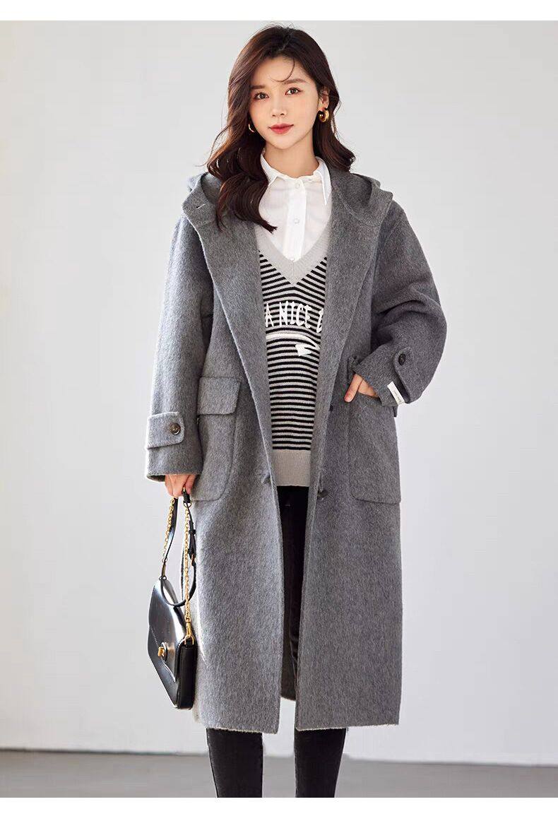 DRAN-701823韩版冬季双面呢外套时尚复古宽松中长款连帽羊毛大衣,女装/女士精品,毛呢外套,淘宝优惠券,粉丝福利购,淘宝优惠卷