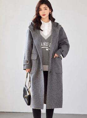 DRAN-701823韩版冬季双面呢外套时尚复古宽松中长款连帽羊毛大衣