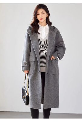 DRAN-701823韩版冬季双面呢外套时尚复古宽松中长款连帽羊毛大衣