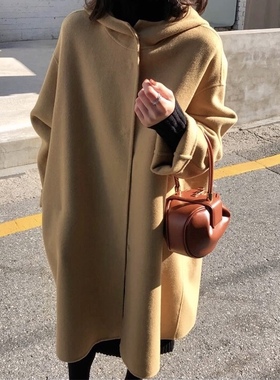 DRAN-701522连帽斗篷款宽松款双面冬季韩版羊毛大衣中长款加厚