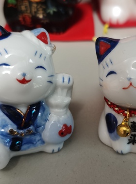 yes药师窑招财猫摆件蓝色夏款 桌面学生礼品高度5.5厘米一只 青花