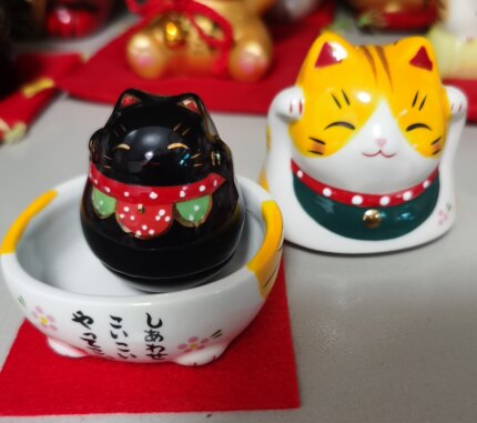 yes日本进口 药师窑手工招财猫套娃摆件 6.5+4厘米高