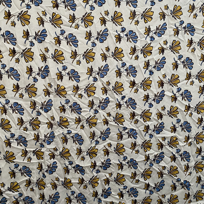 白底蓝黄叶双绉100%桑蚕丝布料