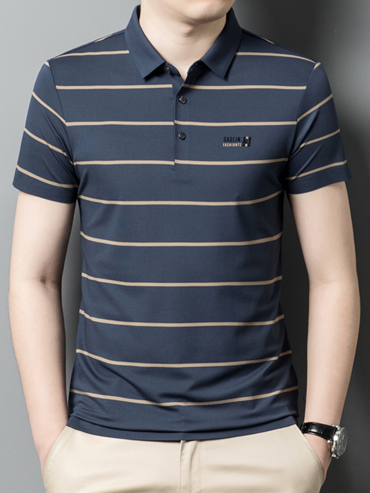 夏季休闲polo衫男士冰丝凉感短袖t恤中青年男装薄款条纹半袖体恤