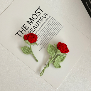棉线毛线编织手工红玫瑰法式浪漫胸针礼物毛衣包包配饰别针成品