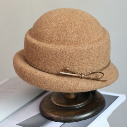 帽范 法式复古赫本风翘边礼帽秋冬羊毛针织蝴蝶结甜美百搭盆帽女