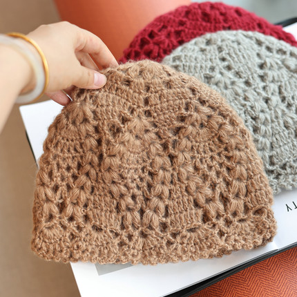 帽范 秋冬款~日系菱格纹手工钩织包头帽复古保暖加厚双层毛线帽女