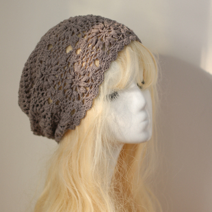 帽范 民族森女风加长镂空堆堆帽手钩花朵复古文艺棉线针织包头帽