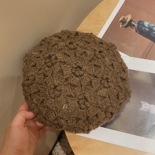 帽范  立体手钩花朵气质优雅复古贝雷帽秋冬马海毛线逛街画家帽女