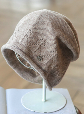 帽范 波浪镂空字母标~100羊毛针织韩版时尚卷边保暖护耳堆堆帽女