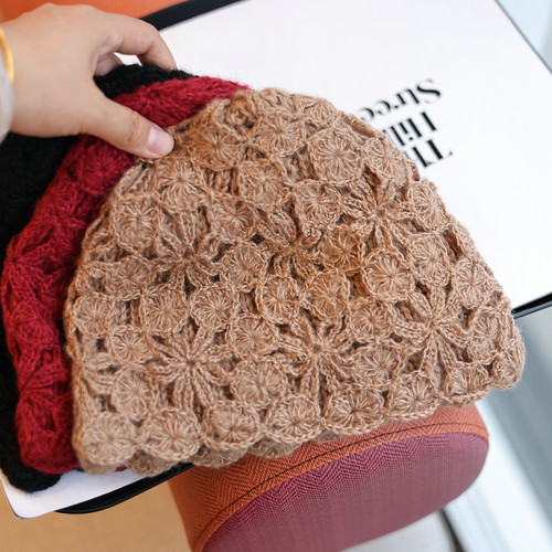 复古优雅双层钩花保暖包头帽女