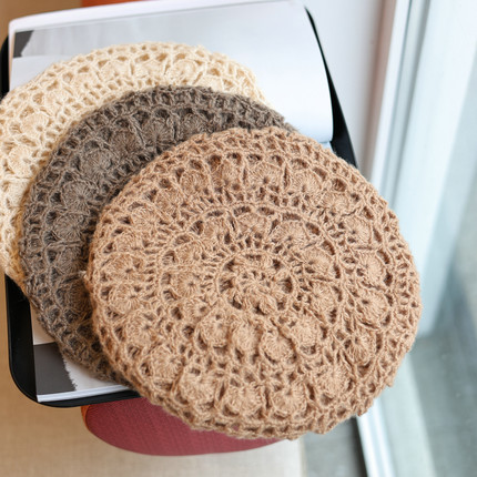 帽范 优雅气质复古钩花贝雷帽秋冬双层毛线保暖文艺百搭画家帽女