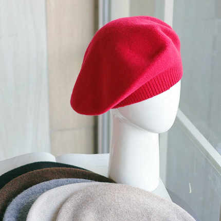 帽范 纯羊毛~日系简约百搭细针织贝雷帽女韩系秋冬毛线帽子大头围