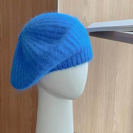 帽范 克莱因蓝慵懒风兔毛加厚毛线贝雷帽秋冬氛围感大头围画家帽