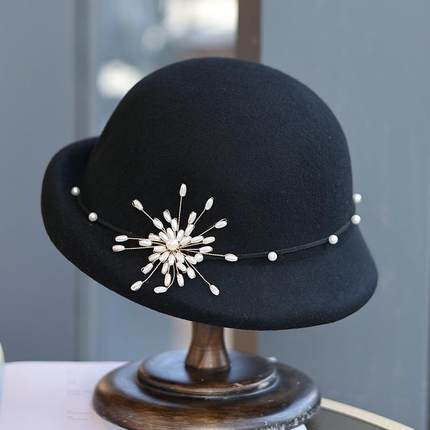 帽范 法式珍珠花朵复古羊毛毡翘边礼帽秋冬赫本风优雅女士贝雷帽