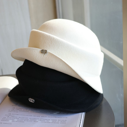 帽范 法式褶皱顶翻边羊毛呢礼帽名媛风优雅复古秋冬保暖渔夫毡帽